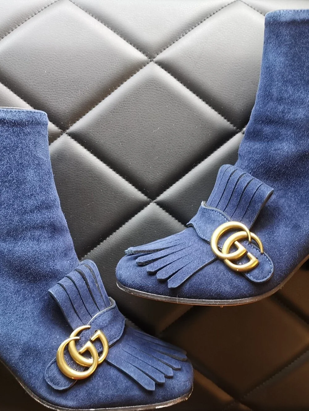 GUCCI Blue Suede Marmont Fringe GG Mid-Heel Ankle Boots Size 37 US 6.5/7